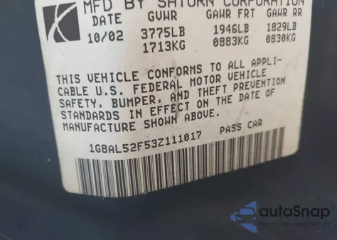 2003 Saturn Ion 3 из США, поврежденный, VIN 1G8AL52F53Z111017